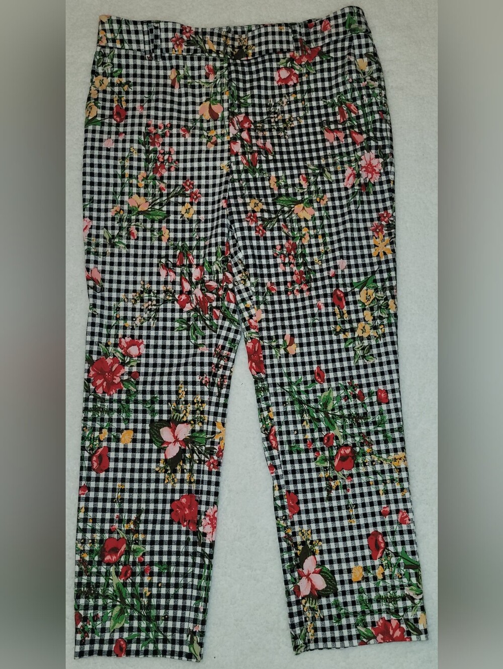 Jules & Leopold Crop Pants Womens M Black White Gingham Floral Stretch Pull On